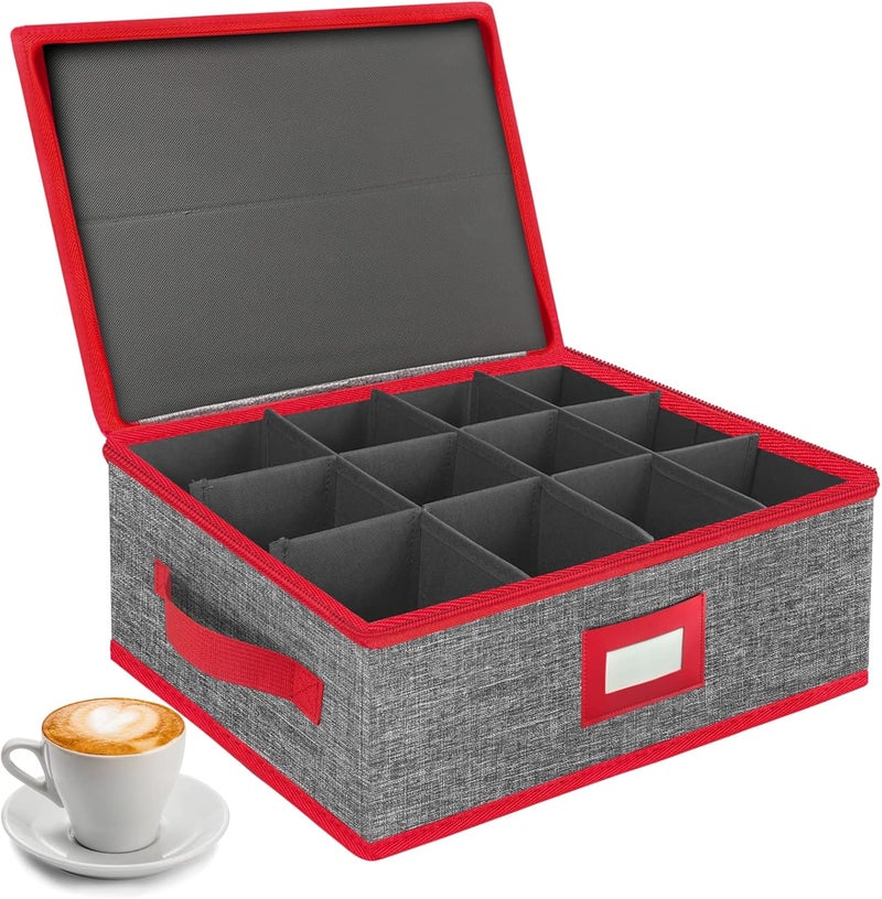 VERONLY Christmas Cup Mug Storage Box with Dividers, China Storage Case Hard Shell Stackable with Lid and Handles for 12 Coffee Mugs and Tea Cups (Grey and Red) - Image 1